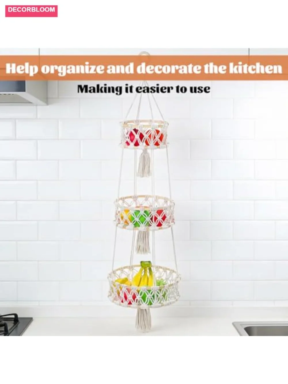 3 Tier Hanging Fruit Basket Cotton Rope Hand-Woven Boho Wall-Mounted Storage